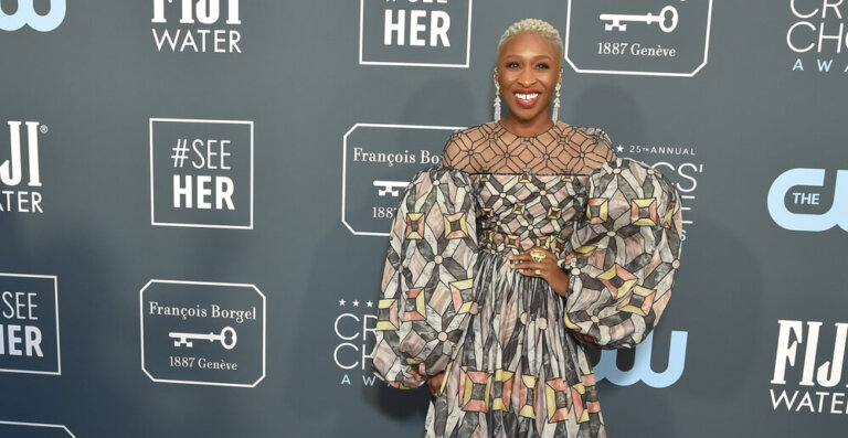 Wicked actress Cynthia Erivo attending th critics choice awards in a gray floral/diamond dress.