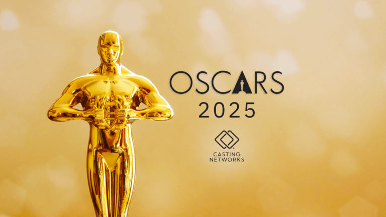 Oscars trophy on a gold background. The Casting Networks logo is underneath the Oscars logo.