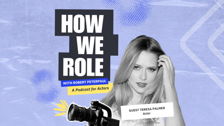 Teresa Palmer in a collage with a video camera and the 'How We Role' podcast logo.