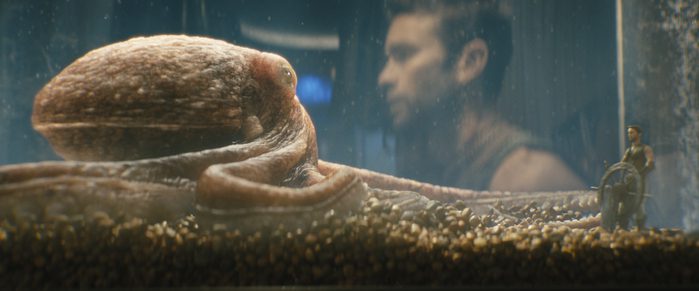 Ambrosia the Octopus inside a fish tank as Chace Crawford paces outside.