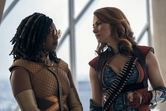 Sister Sage and Firecracker staring each other down inside the Vought office in The Boys.
