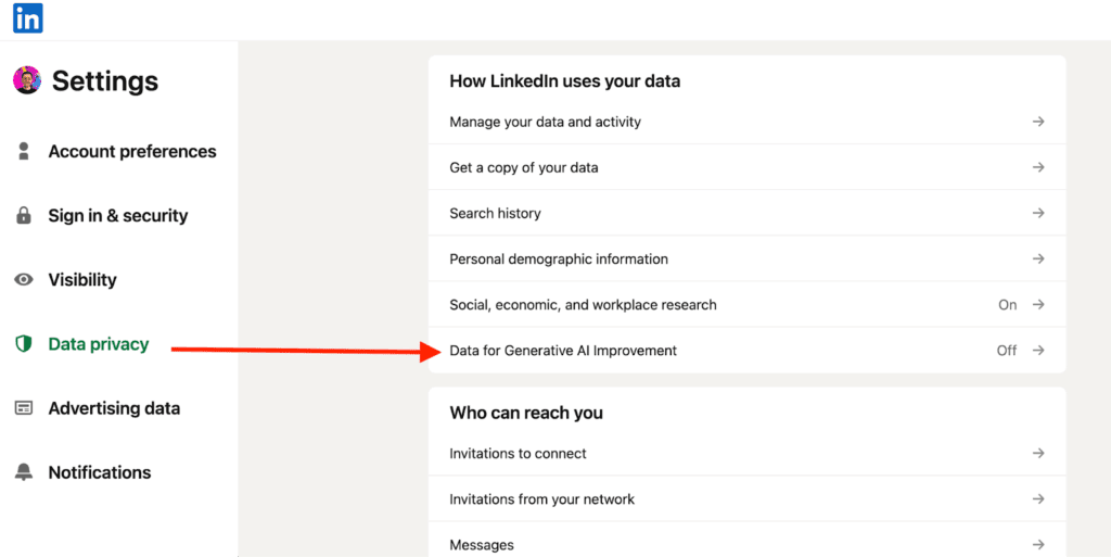 Screenshot of LinkedIn's settings dashboard, revealing the data privacy section. A red arrow shows what is displayed after clicking the "data privacy" tab. A