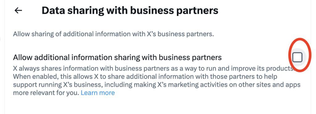 Screenshot of Twitter/X's AI training policies. A red circle is around the Opt-Out checkbox.