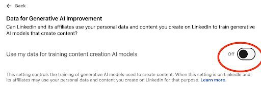 Screenshot of LinkedIn's data for generative ai improvement section. A red circle surrounds the toggle switch, in the "off" selection.
