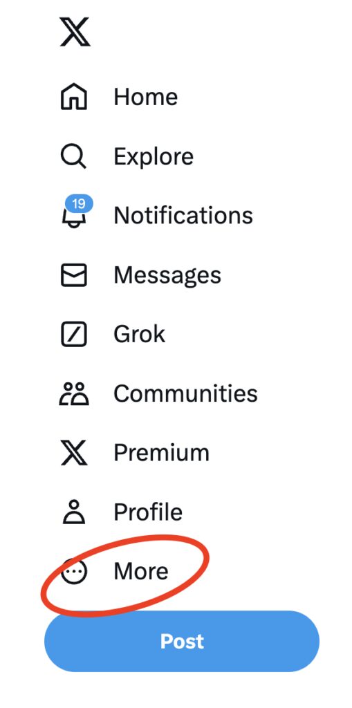 Screenshot of Twitter/X's sidebar. A red circle surrounds the "more" section.