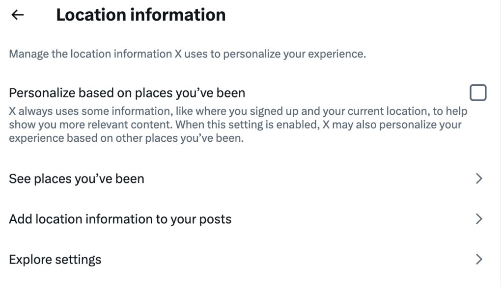 Screenshot of Twitter/X's location information policies.