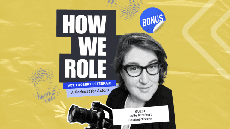 Casting Director Julie Schubert cut out collage style in front of a yellow backdrop with the Casting Networks, the How We Role Logo, and a film camera.