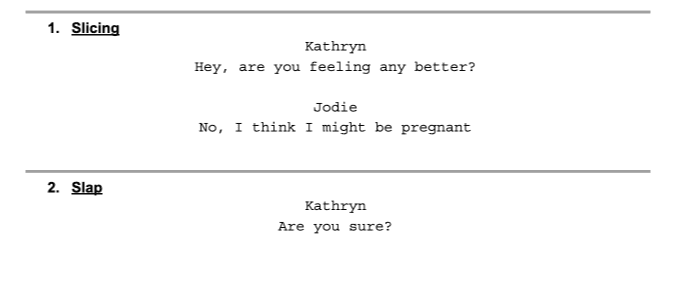 Portion of a script for tv, film or theater in the process of being broken down with markings identifying different sections of the scene.