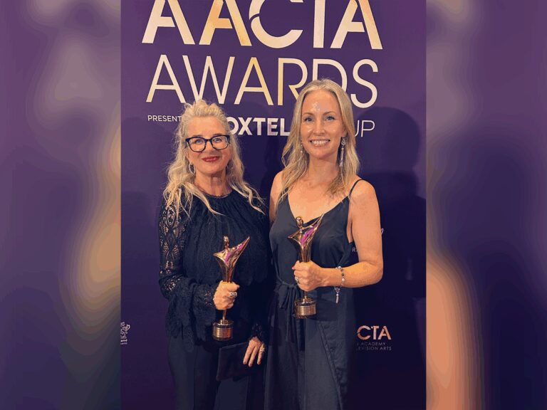 Australian Alison Telford and Kate Leonard glammed up at the AACTA Awards holding their trophies.
