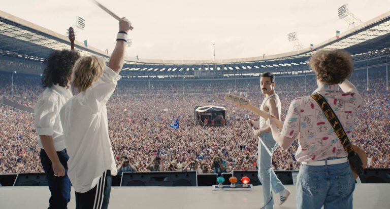 Still from the movie "Bohemian Rhapsody" as Queen performs at Live Aid.