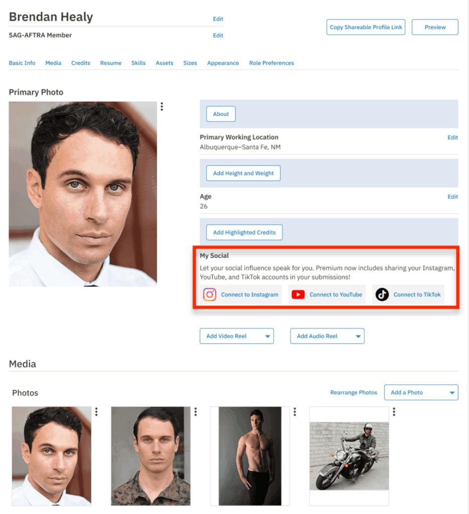 Actor Brandon Healy's Casting Networks talent profile, highlighting his social media profiles that are linked (tiktok, instagram and youtube).