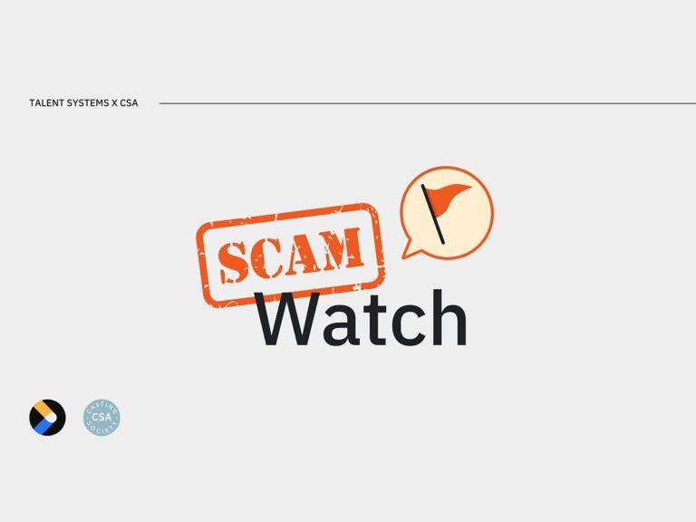 A grey folder with a stamp showing the words "Scam Watch" with a speech bubble inside an orange flag.