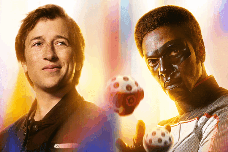 Skyler Gisondo and Edi Gathegi as Jimmy Olson and Mr. Terrific surrounded by rainbows in Superman promotional art.
