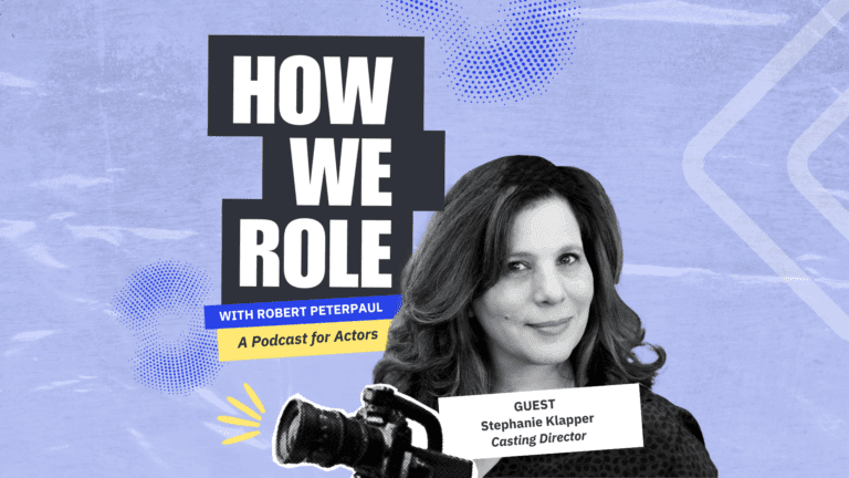 Collage of casting director Stephanie Klapper, a video camera and the How We Role podcast logo on a light blue backdrop.
