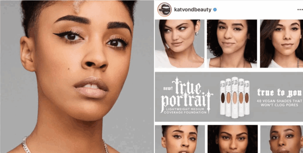 Instagram Ad for Kat Von D makeup 's True Portait collection featuring Aconda Williams.