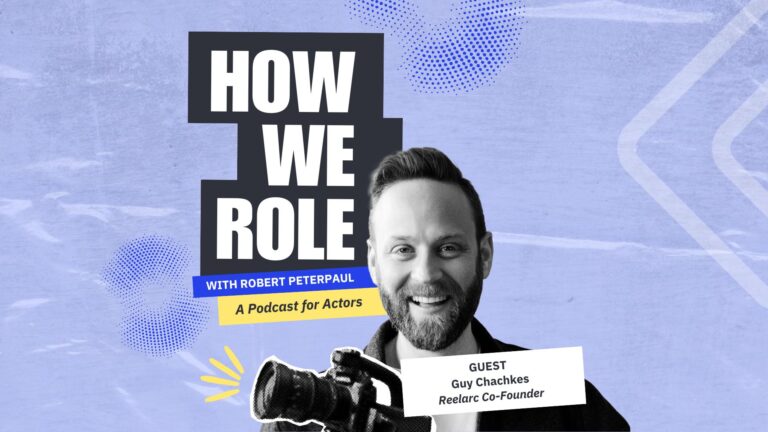 Collage of producer/Reelarc co-founder Guy Chavhkes, a video camera and the How We Role podcast logo on a light blue backdrop.